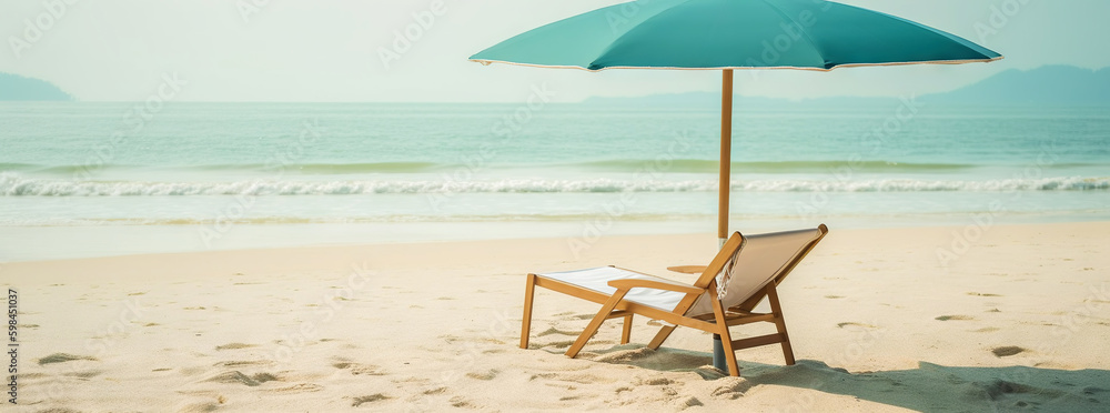 Beach chair and umbrella on beautiful beach. Travel paradise concept. Generative AI