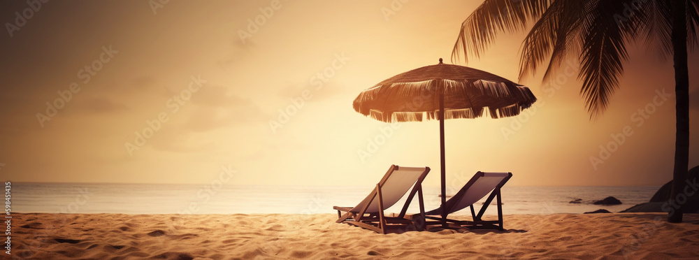 Two beach chair and umbrella on beautiful beach on sunset. Travel paradise concept. Generative AI