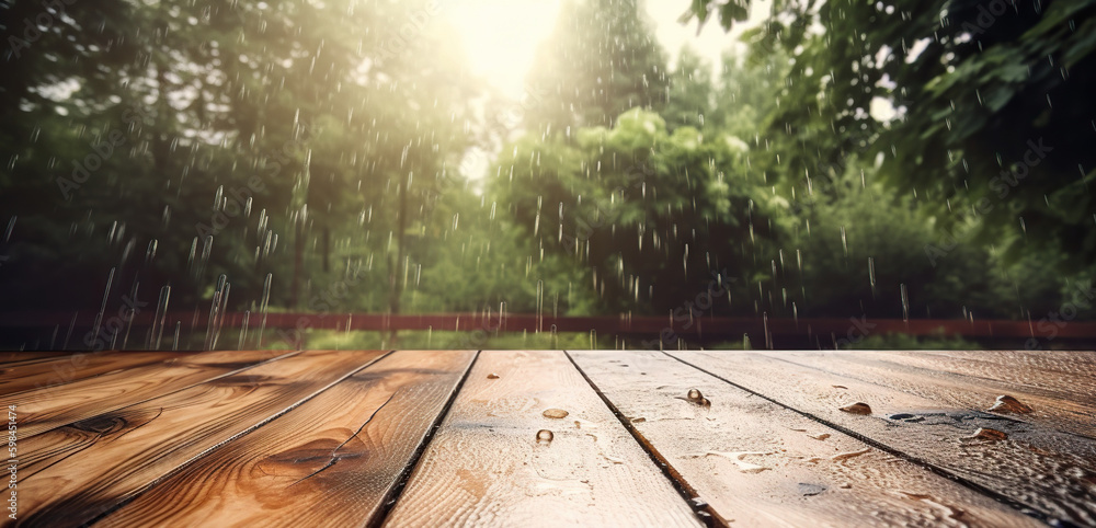 Wood table mockup with summer rain over green landscape. Empty copy space for product presentation. 