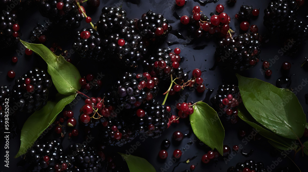 Fresh ripe elderberry with water drops background. Berries backdrop. Generative AI