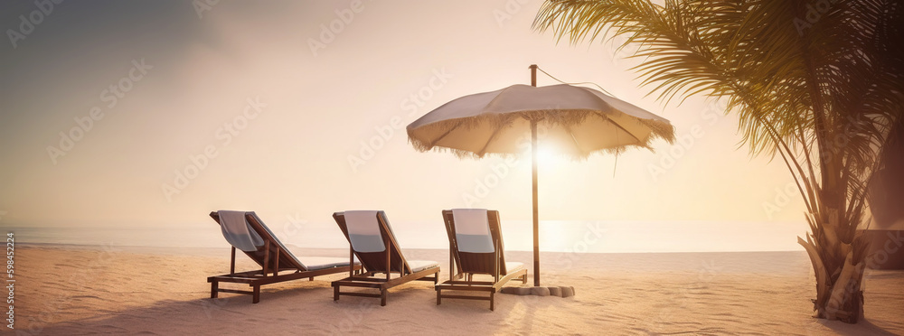 Two beach chair and umbrella on beautiful beach on sunset. Travel paradise concept. Generative AI