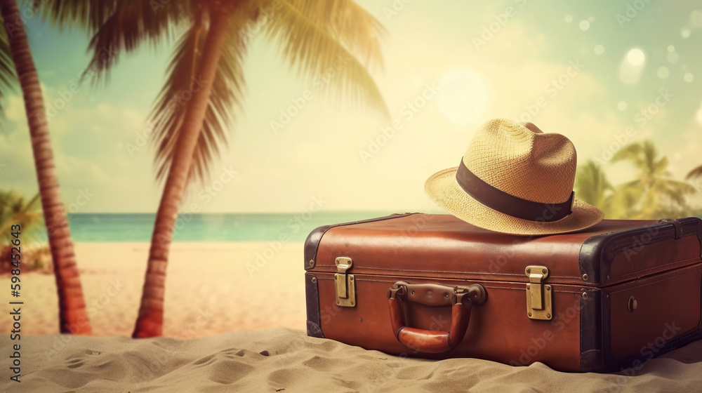 Suitcase with accessories on the sand with a sea background. Travel concept. Generative AI