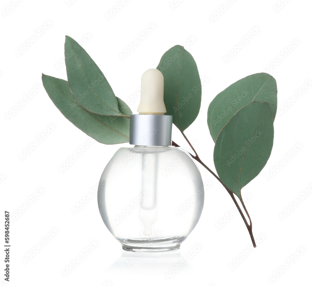 Bottle of cosmetic oil with plant twig on white background