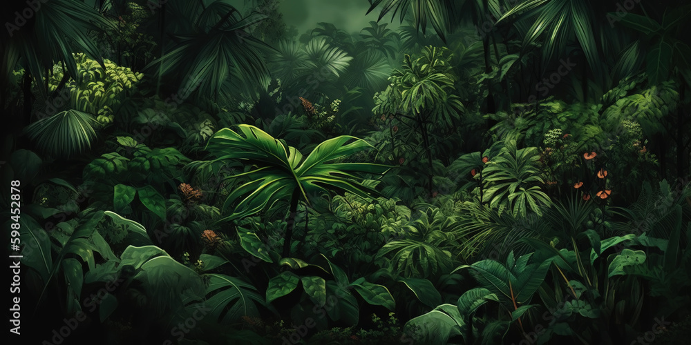 Deep tropical jungles. Dense forest landscape. Generative AI