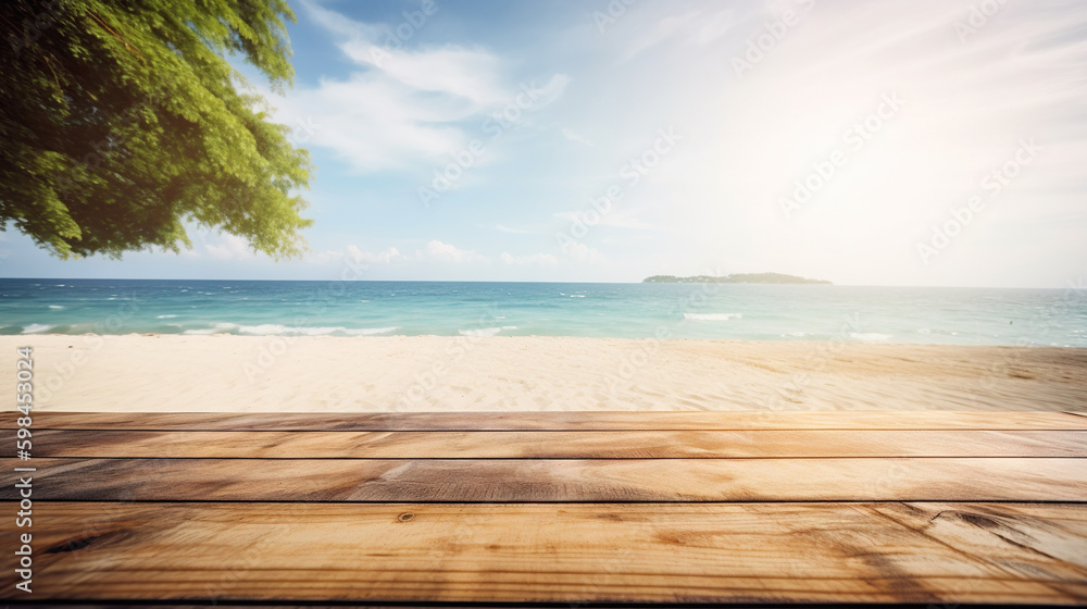 Wood table mockup with tropical paradise beach on background. Empty copy space for product presentat