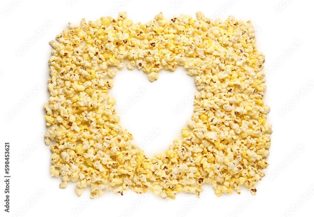 Heart made of crispy popcorn on white background