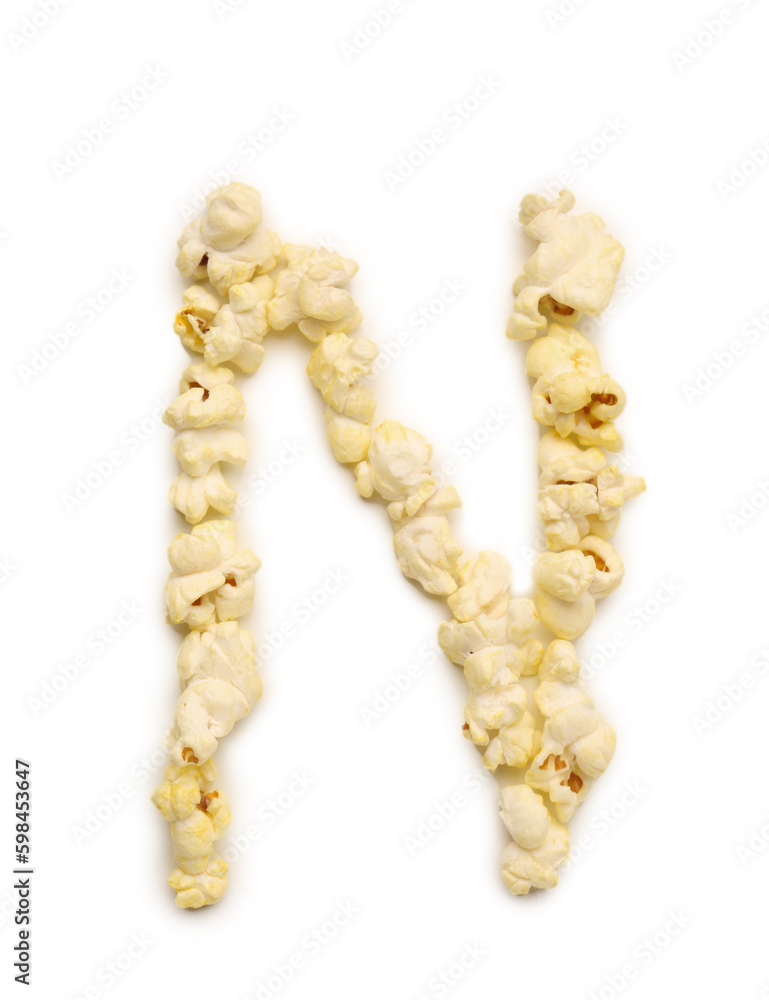 Letter N made of popcorn on white background