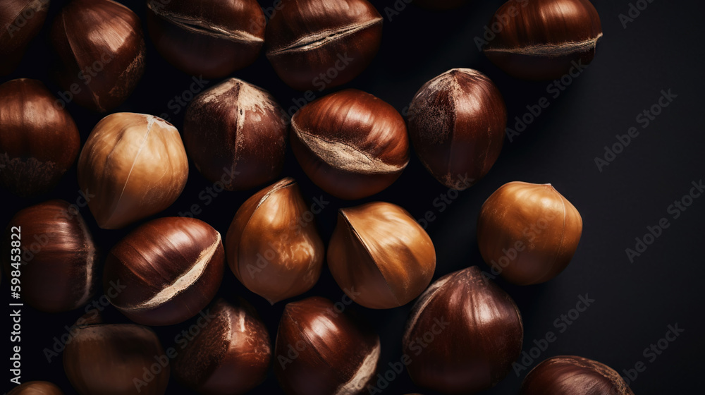 Many dried acorn nuts background. Top view on large group of nuts. Generative AI