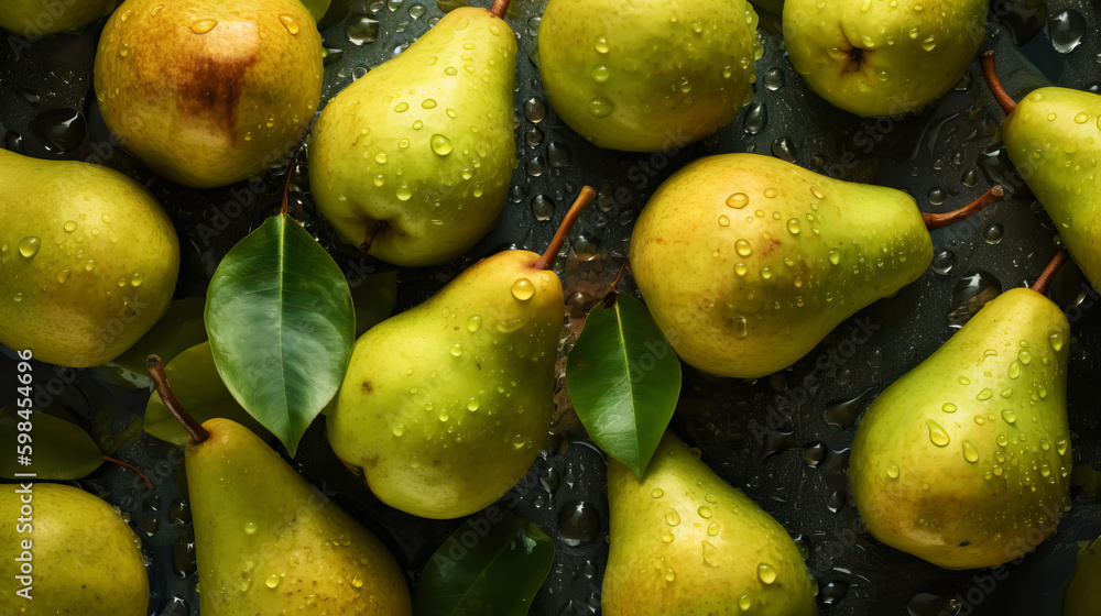 Fresh ripe pears with water drops background. Fruits backdrop. Generative AI