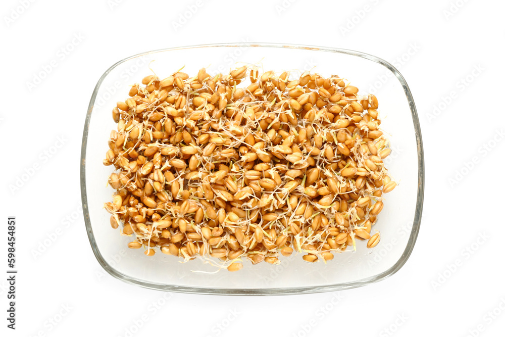 Glass bowl with sprouted wheat on white background