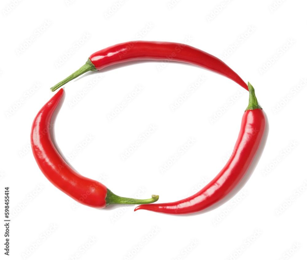 Frame made of fresh hot chili peppers on white background