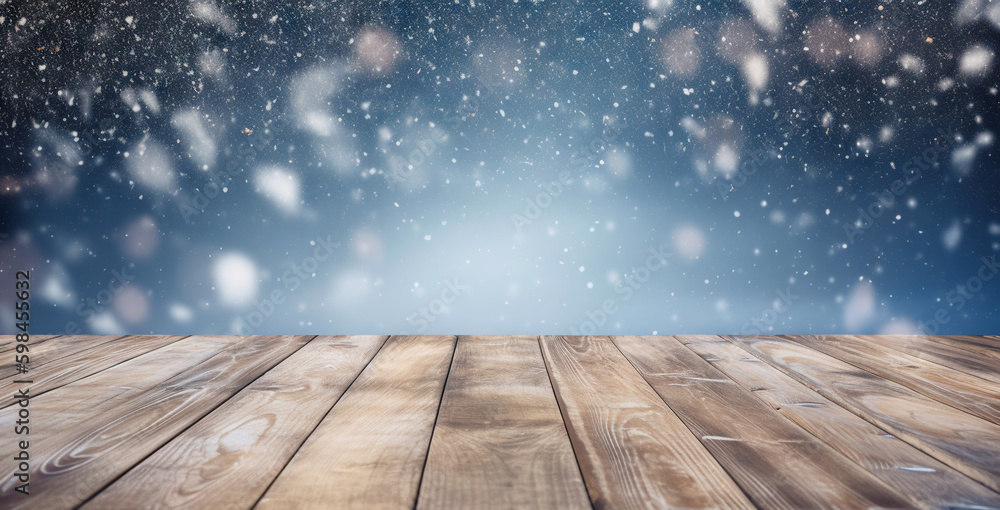 Wood table mockup with falling snow on background. Empty copy space for product presentation. Genera