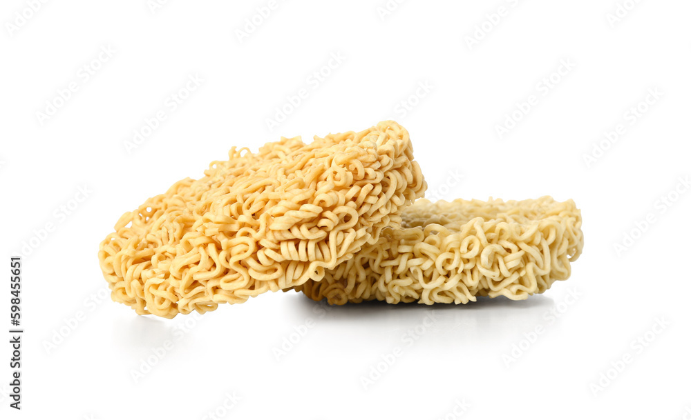 Raw instant noodles on white background