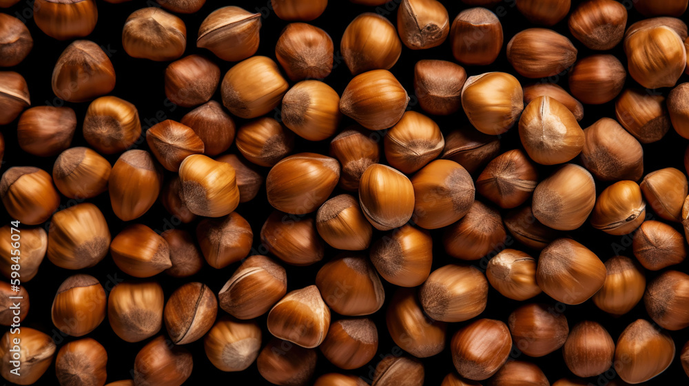 Large group og Hazelnuts. Food background. Generative AI