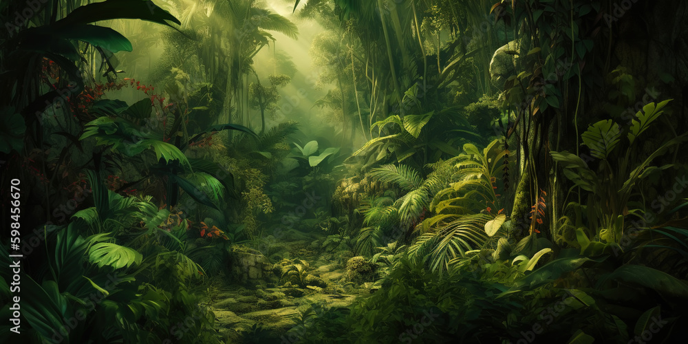 Deep tropical jungles. Dense forest landscape. Generative AI