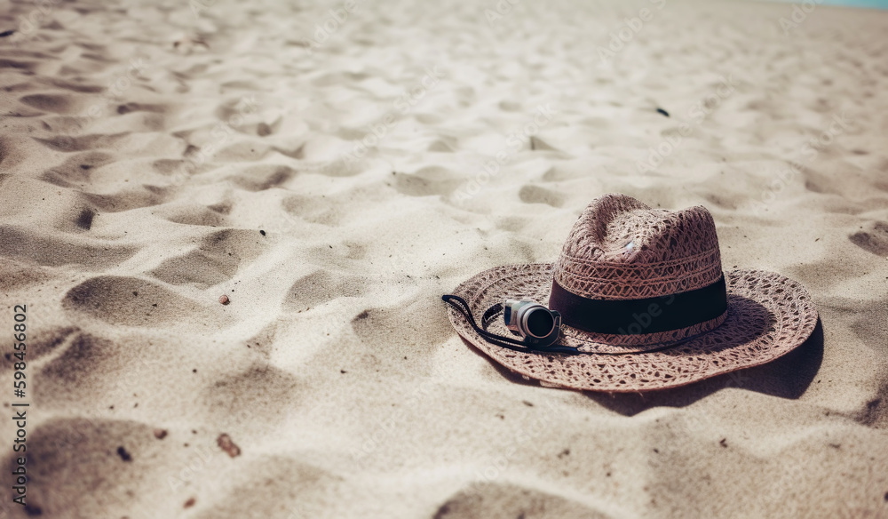 Hat on the sand with a sea background. Travel concept. Generative AI