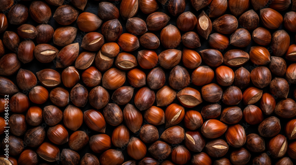 Many dried acorn nuts background. Top view on large group of nuts. Generative AI