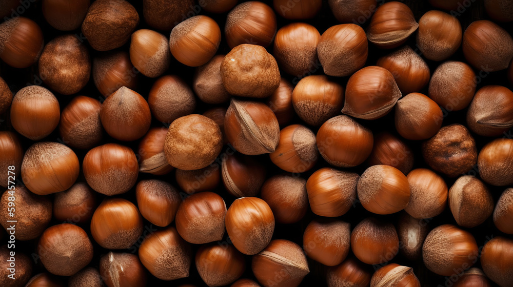 Large group og Hazelnuts. Food background. Generative AI