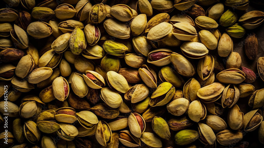 Pistachio background. Nuts. Green fresh inshell pistachios. Generative AI