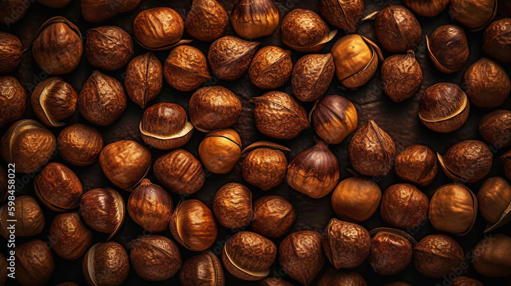 Many dried acorn nuts background. Top view on large group of nuts. Generative AI