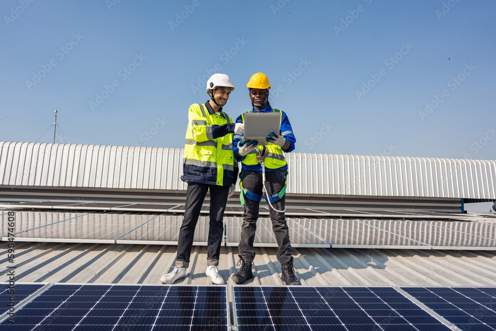 Professional engineer work to maintenance of photovoltaic panel system. 