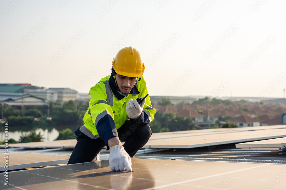 Professional engineer work to maintenance of photovoltaic panel system. 