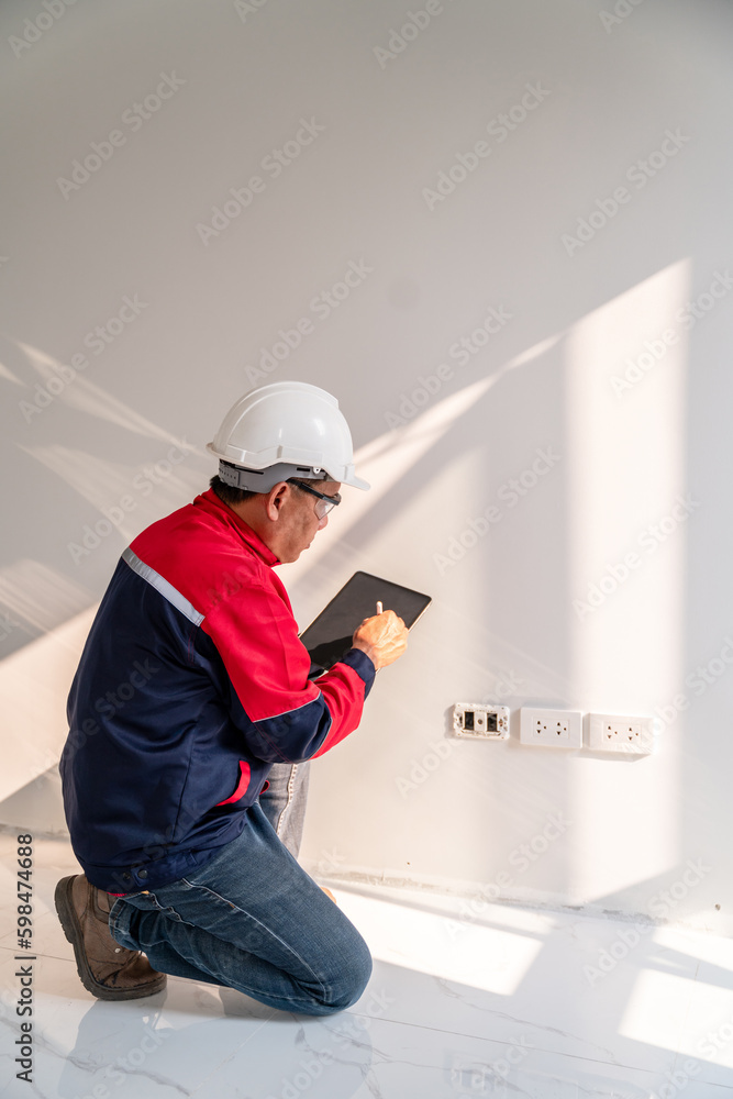 Asian engineer or senior specialist checking electrical outlets in a new unfinished residential hous