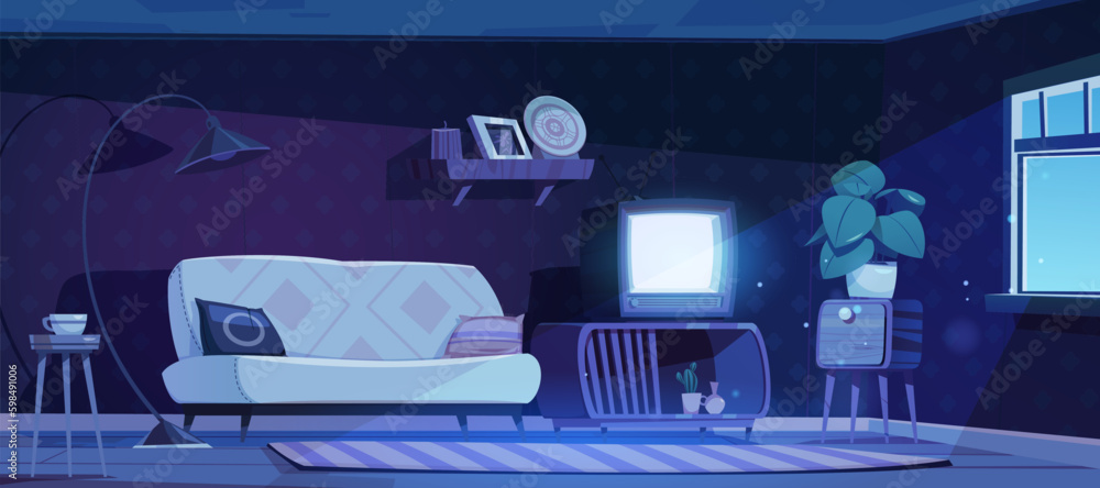 Night vector house vintage living room interior cartoon background. Moonlight from window falling on