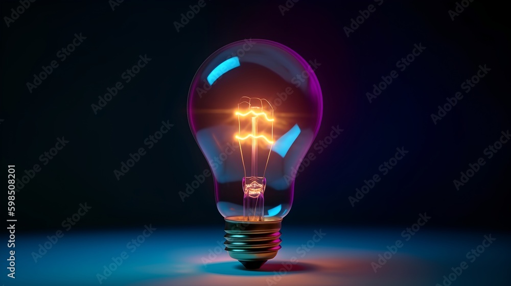 Glowing bulb on a dark background, radiating vivid colors. Creative brainstorming, innovation, and b