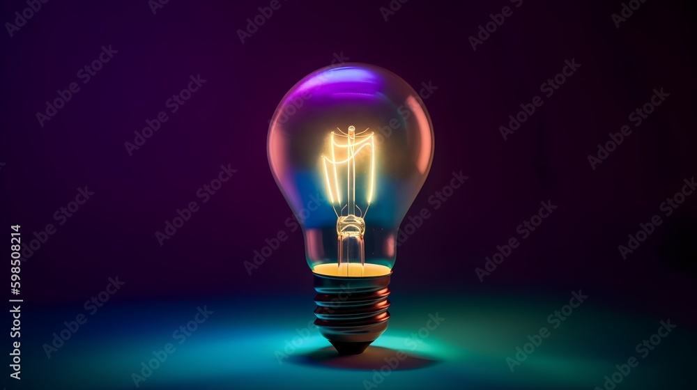 Glowing bulb on a dark background, radiating vivid colors. Creative brainstorming, innovation, and b