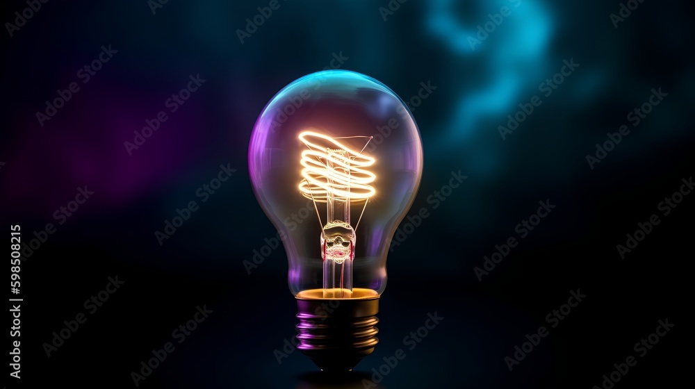 Glowing bulb on a dark background, radiating vivid colors. Creative brainstorming, innovation, and b