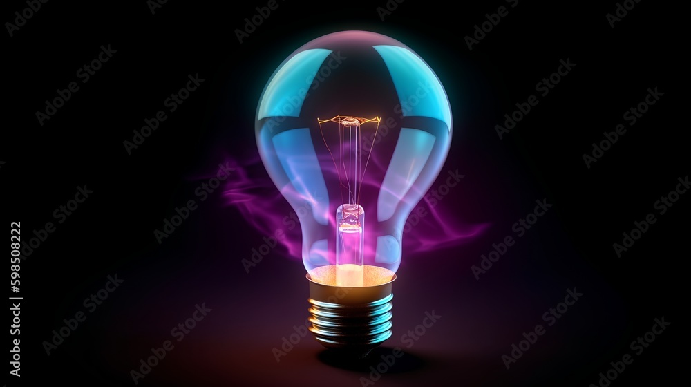 Glowing bulb on a dark background, radiating vivid colors. Creative brainstorming, innovation, and b