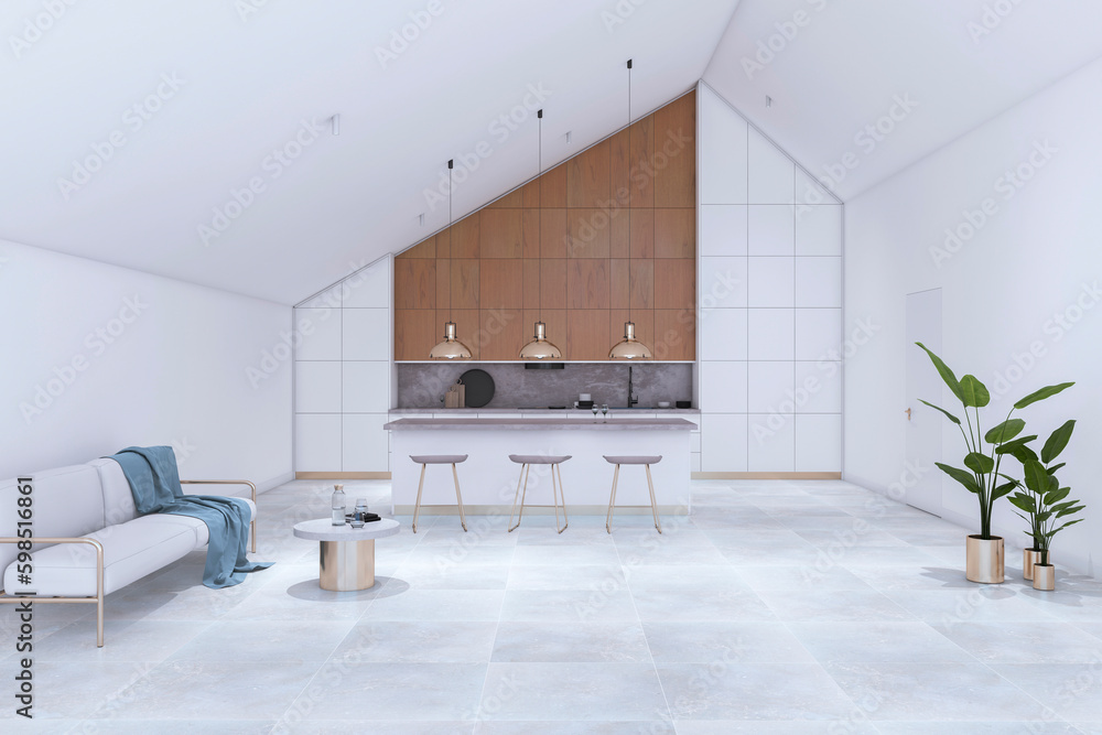 Modern white loft kitchen studio interior. Designs concept. 3D Rendering.