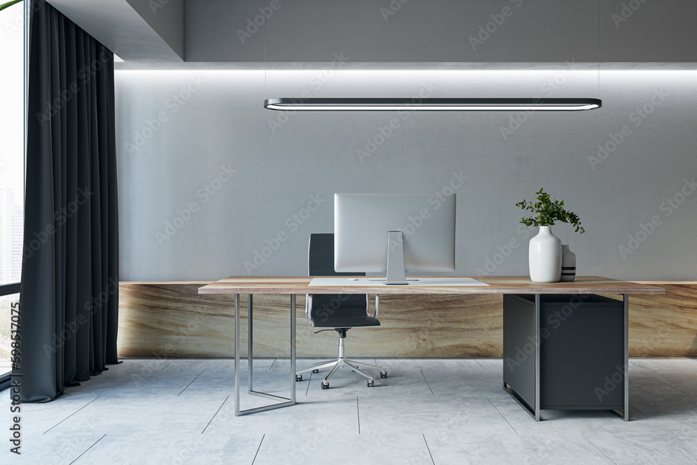 Luxury concrete and wooden office interior with curtain, window with city view, workspace and furnit