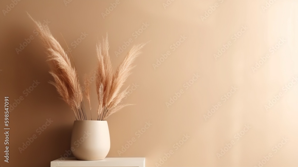 Vase with decorative dry plant branch against beige wall background. Minimalist interior mockup. Gen