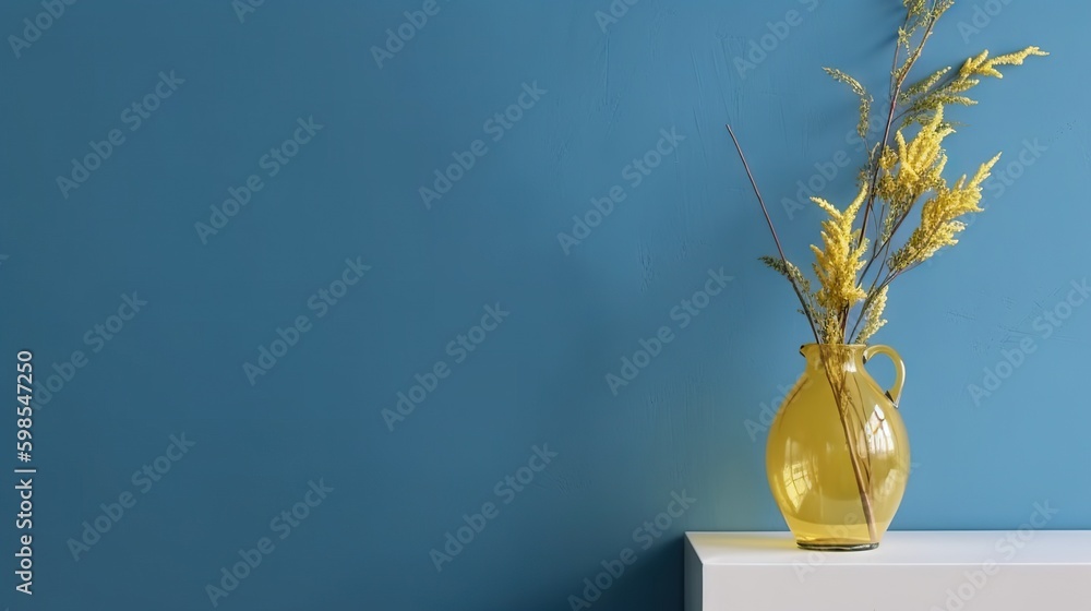 Vase with decorative plant branch against blue wall background. Minimalist interior mockup. Generati