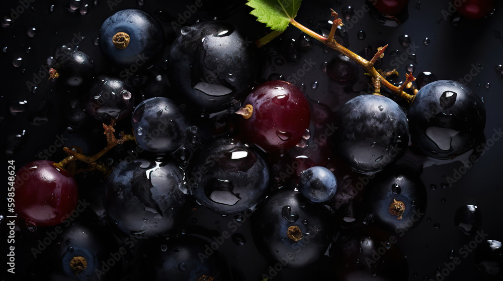 Fresh ripe blackcurrant with water drops background. Berries backdrop. Generative AI