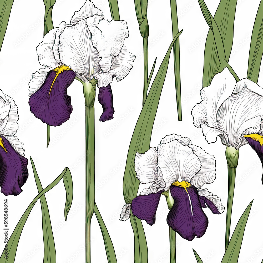 Iris flower seamless pattern. Floral seamless background. Generative AI