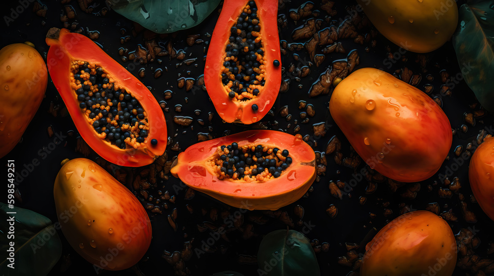 Fresh ripe papayas with water drops background. Fruits backdrop. Generative AI