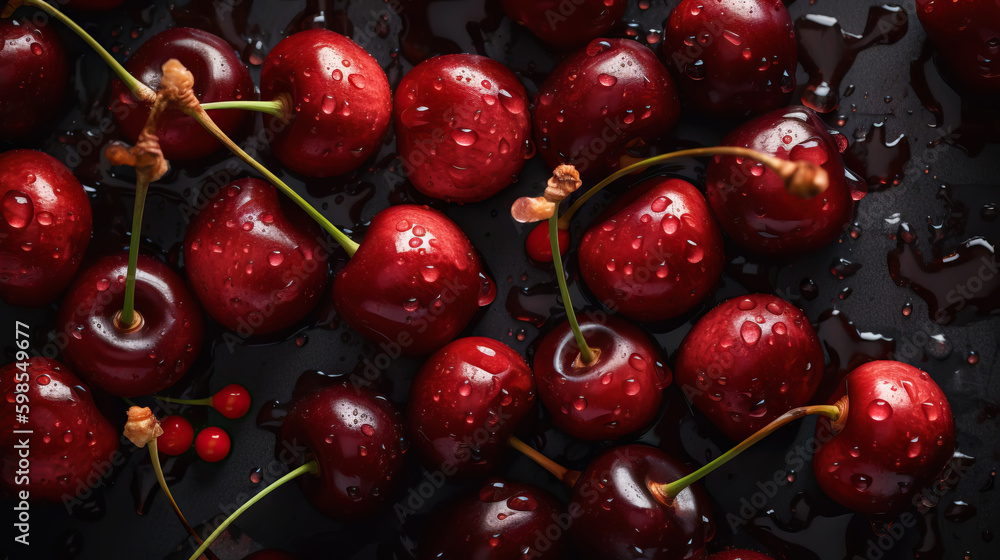 Fresh ripe cherries with water drops background. Berries backdrop. Generative AI