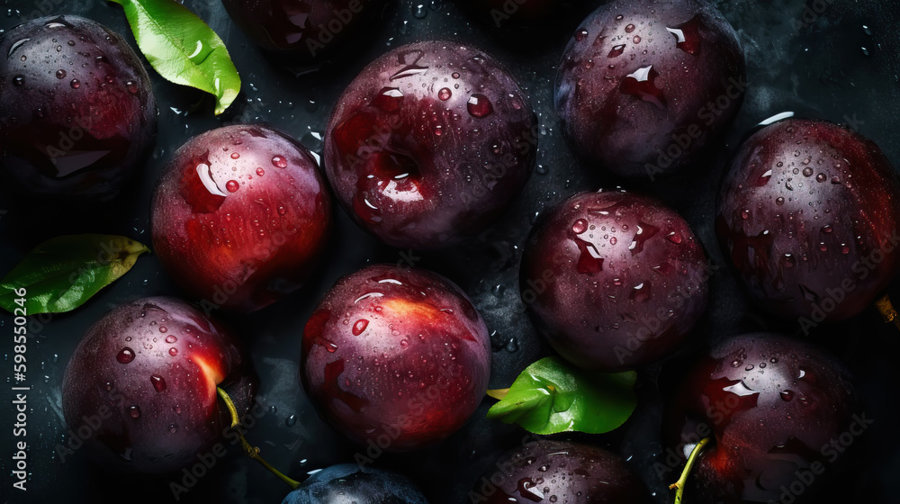 Fresh ripe plums with water drops background. Fruits backdrop. Generative AI