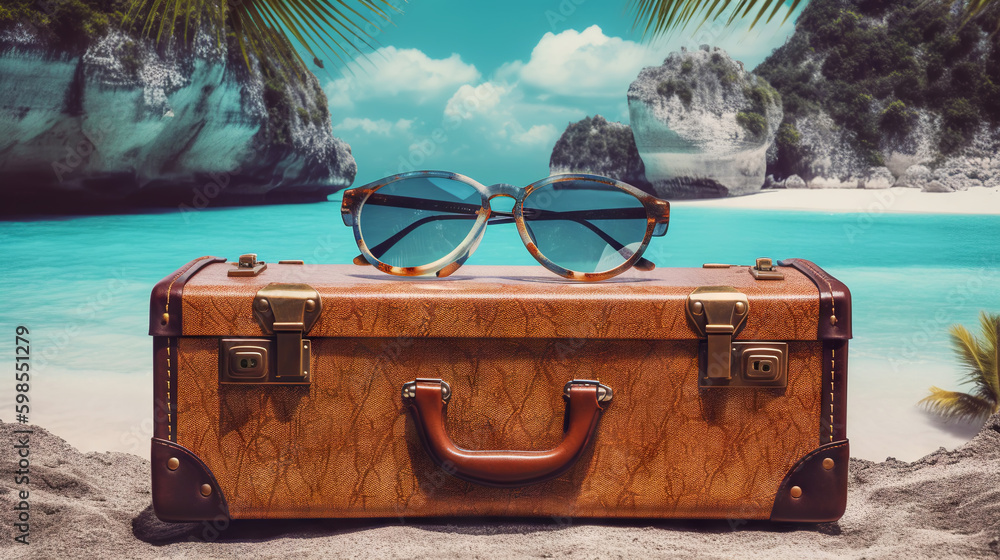 Suitcase with sunglasses with sea water background. Travel concept. Generative AI