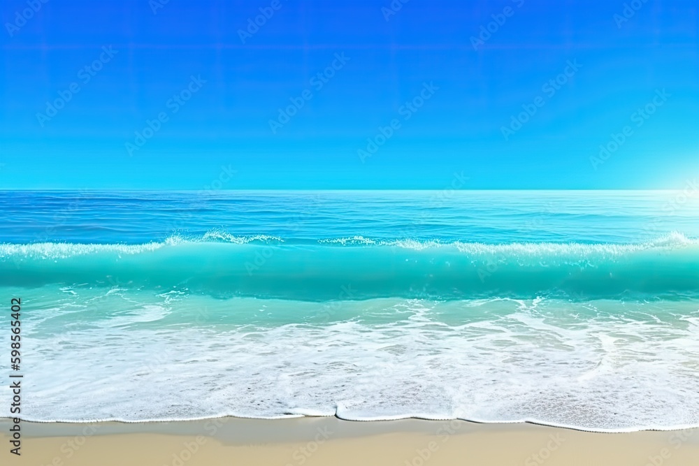 serene beach scene with calm ocean waters and a clear blue sky. Generative AI Generative AI