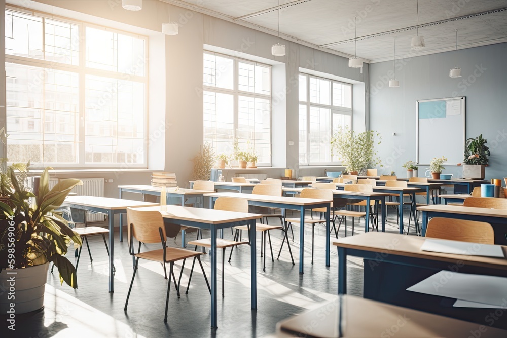 an Empty Classroom with Desks and Chairs. Generative AI Generative AI