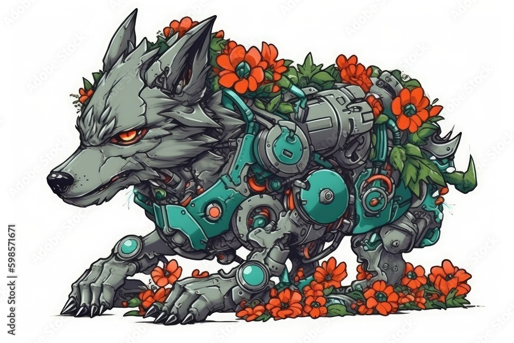 wolf with a colorful floral pattern on its fur. Generative AI Generative AI