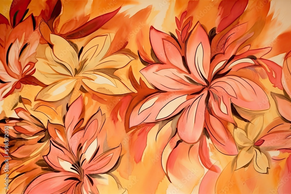 vibrant floral painting with red and yellow flowers set against a yellow backdrop. Generative AI Gen