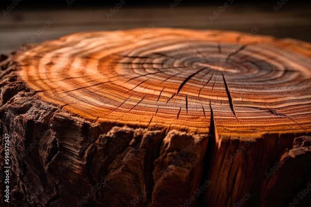 the cross section of a tree stump with visible annual rings. Generative AI Generative AI