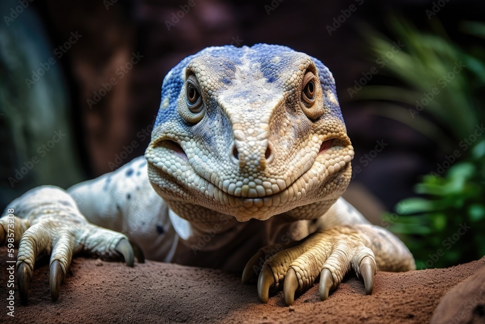 close-up view of a colorful lizard basking on a sunlit rock. Generative AI Generative AI