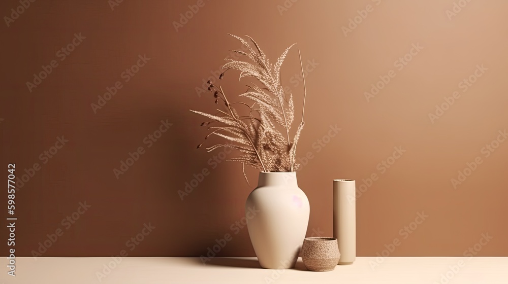 Minimalist background with vase and dry flowers. Illustration AI Generative.