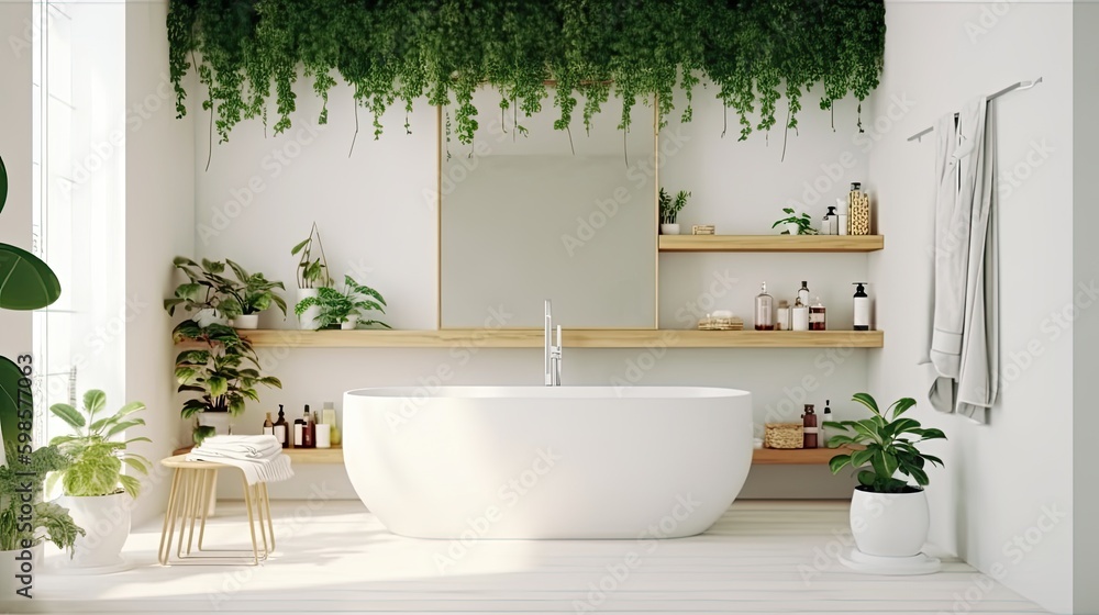 Natural bathroom design. Illustration AI Generative.